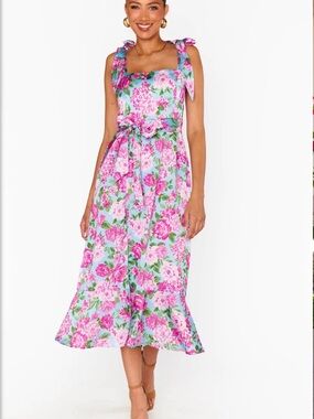 Show Me Your Mumu Pink & Blue Floral Tie-Shoulder Midi Dress